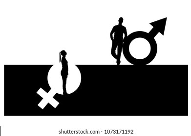 Vector silhouette of a superior man over a woman who stands in a pit out of a gender symbol. The concept of gender inequality and discrimination