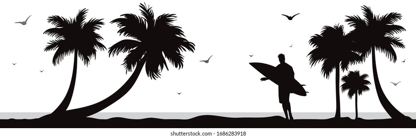 Vector silhouette of surfer on palm beach on white background. Symbol of nature and sport.