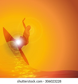 Vector silhouette surfer on wave at sunset