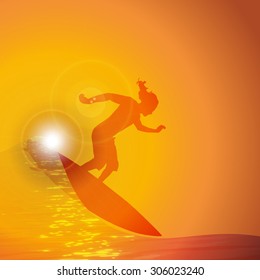 Vector silhouette surfer on wave at sunset