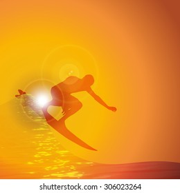Vector silhouette surfer on wave at sunset