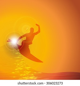 Vector silhouette surfer on wave at sunset