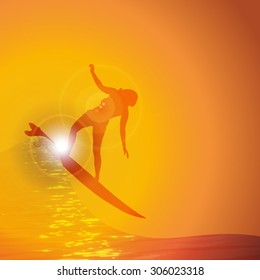 Vector silhouette surfer on wave at sunset