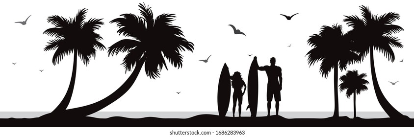 Vector silhouette of surfers on palm beach on white background. Symbol of nature and sport.