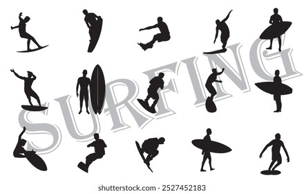 vector silhouette of surfers surfing