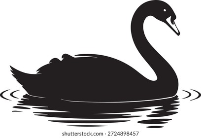 Silhueta vetorial de um cisne de preto. Forma de pássaro elegante isolado no fundo branco. Ideal para vida selvagem, natureza, lago, logotipo, ícone, decoração ou projetos de design.