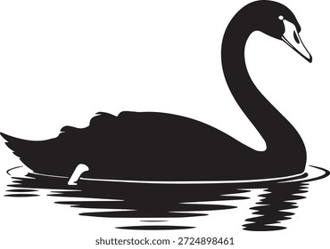 Silhueta vetorial de um cisne de preto. Forma de pássaro elegante isolado no fundo branco. Ideal para vida selvagem, natureza, lago, logotipo, ícone, decoração ou projetos de design.