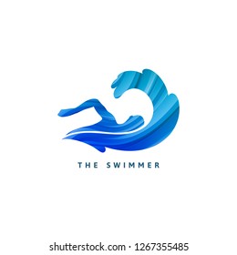 Silueta vectorial de Swimmer y Big Wave. Concepto de diseño minimalista para el logotipo de las piscinas, el icono de la competición y el símbolo de la escuela de natación