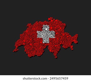 Vector silhouette Switzerland with national flag from color dots isolated on background. Abstract template map Europe country flag for design, illustration, pattern, infographic. Symbol Switzerland