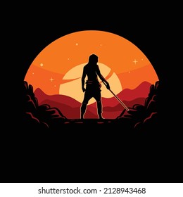 Vector silhouette of a swordsman with a sunset view in the mountains