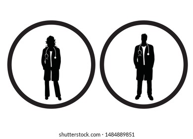 Vector silhouette of symbol of doctor on white background. Sign of people,healthy,care,hospital, medical. Logo in round frame.