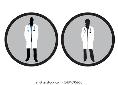 Vector silhouette of symbol of doctor on white background. Sign of people,healthy,care,hospital, medical. Logo in round frame.