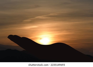 Vector silhouette of symbol of faith on sunset background. Symbol hands with hope gesture.