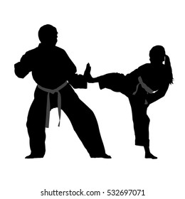 Vector silhouette of taekwondo martial art basic technique include standing,kicking,flying kick,side kick,Teachers and students