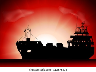 Vector silhouette of the tanker ship on sunset