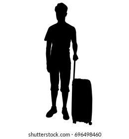 Vector silhouette teenager with bag , standing, black color, isolated on white background