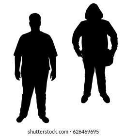 Vector silhouette of a teenager in different poses,man fat,  standing, black color, isolated on white background