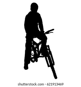 Vector silhouette of a teenager on a Bicycle with arms raised in salute hand, black color, isolated on white background