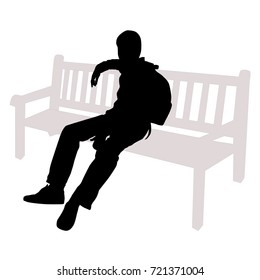 Vector silhouette teenager sitting on the bench,  black color, isolated on white background