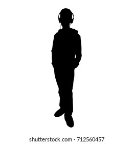 Vector silhouette teenager, standing, headphones,  black color, isolated on white background