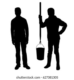 Vector silhouette of a teenager, standing, holding a pole with a bucket of, black color, isolated on white background