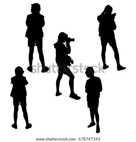 Vector silhouette of teenagers with a camera, man photographer, standing, black color, isolated on white background