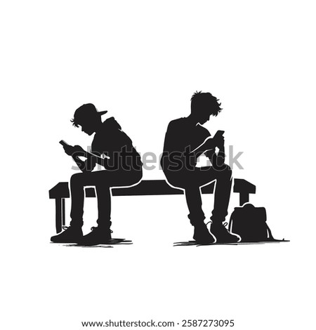 vector silhouette of teenagers sit in public park chair and looking their smartphone