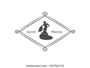 Vector silhouette and template of flamenco isolated on a white background. Traditional spanish dance logotype. Retro emblem for school of dance, festival and cards.