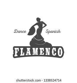 Vector silhouette and template of flamenco isolated on a white background. Traditional spanish dance logotype. Retro emblem for school of dance, festival and cards.