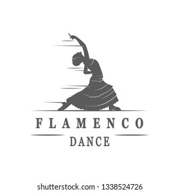Vector silhouette and template of flamenco isolated on a white background. Traditional spanish dance logotype. Retro emblem for school of dance, festival and cards.