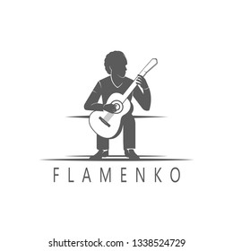 Vector silhouette and template of flamenco isolated on a white background. Traditional spanish dance logotype. Retro emblem for school of dance, festival and cards.