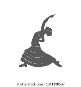 Vector silhouette and template of flamenco isolated on a white background. Traditional spanish dance logotype. Retro emblem for school of dance, festival and cards.