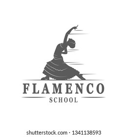 Vector silhouette and template of flamenco isolated on a white background. Traditional spanish dance logotype. Retro emblem for school of dance, festival and cards.