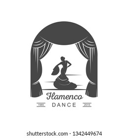 Vector silhouette and template of flamenco isolated on a white background. Traditional spanish dance logotype. Retro emblem for school of dance, festival and cards.