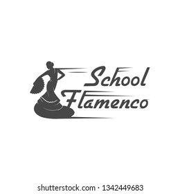 Vector silhouette and template of flamenco isolated on a white background. Traditional spanish dance logotype. Retro emblem for school of dance, festival and cards.