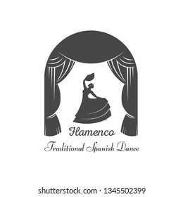 Vector silhouette and template of flamenco isolated on a white background. Traditional spanish dance logotype. Retro emblem for school of dance, festival and cards.