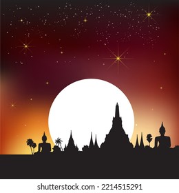 Silueta vectorial de un templo en ambiente nocturno.