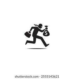 Vector silhouette of a thief running away with money bags, illustrating theft and crime. The image conveys urgency, secrecy, and criminal activity with a simple black figure wearing a mask.