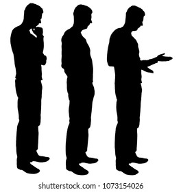 Vector silhouette of three business men standing in profile discussing some question. Business concept