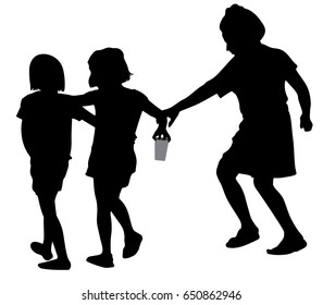 Vector silhouette of Three cheerful girls walking on white background
