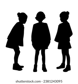 Vector silhouette of three girls  standing, profile, children meeting, people, black color,  isolated on white background