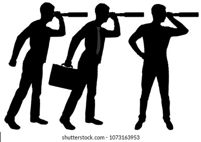 Vector silhouette of three men looking through binoculars. Business concept