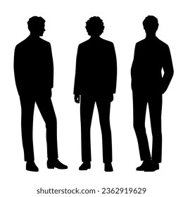 Vector silhouette of three men  standing, profile, business people, black color,  isolated on white background