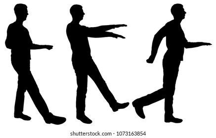 Vector silhouette of three walking men holding balance. Business concept