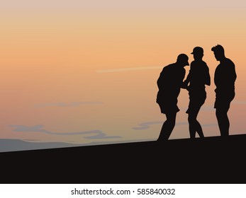 Vector silhouette of three young men at sunset, Happy Guys Best Friends Having Good Time Together, Part Of Friendship 
