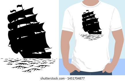 Vector. Silhouette of a three-masted sailing ship. Brig going on the waves of the ocean. Sailing corvette on full sails. T-shirt print. svg