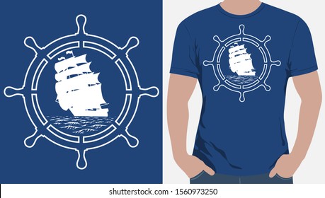 Vector. Silhouette of a three-masted ship inscribed in the steering wheel. Corvette comes with a roll under full sails.