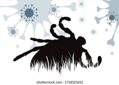 Vector silhouette of tick on background with virus symbol. Symbol of diseases.