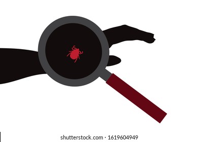 Vector silhouette of tick sitting on human hand under magnifying glass on white background. Symbol of insect who annoying people. Danger of Lyme disease and encephalitis.
