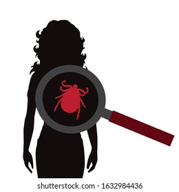 Vector silhouette of tick under magnifying glass sitting on person on white background. Symbol of insect who annoying people. Danger of Lyme disease and encephalitis.